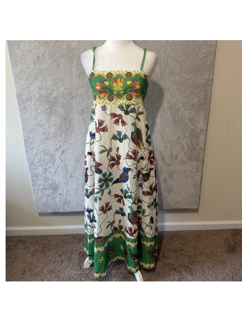 Women's Adjustable Spaghetti Strap Boho Print Linen Blend Maxi Dress L Flowy‎